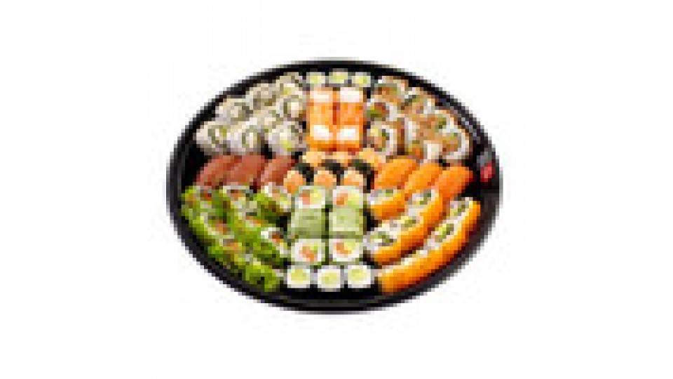 Happy Party Mix 3XL 8 Cheese Cali Roll, 8 Crunch Salmone Roll, 8 Wakame Salmone Roll, 8 California Masago, 6 Maki Avocado, 6 Verde Maki Salmone, 6 Roll'in Salmon Cheese, 3 Sushi Tonno, 3 Sushi Salmone