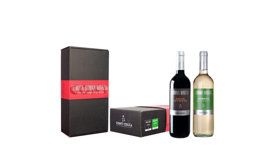 CONFEZIONE REGALO “LA CENA DEGLI AUGURI – DONNA MARZIA” (da 2 bottiglie: VERMENTINO DONNA MARZIA cl. 75 e PRIMITIVO DONNA MARZIA cl.