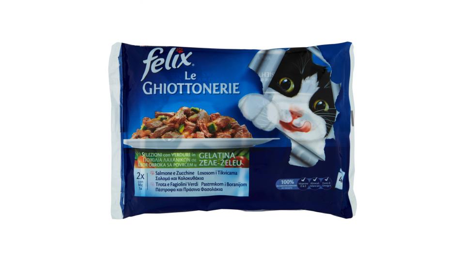 PURINA FELIX Le GHIOTTONERIE Con Salmone e Zucchine e con Trota e Fagiolini Verdi in Gelatina