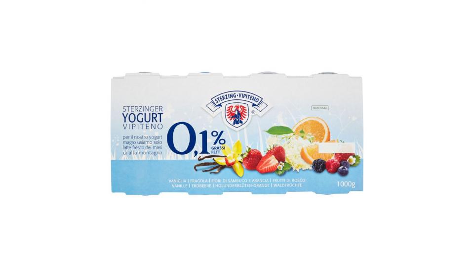 Sterzing Vipiteno, 0,1% grassi yogurt magro vaniglia/fragola/fiori di sambuco e arancia/frutti bosco