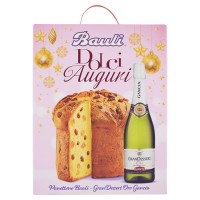 Bauli Dolciauguri, la confezione contiene 1 panettone Baulirammi, 1 bottiglia GranDessert Oro Gancia 75 cl