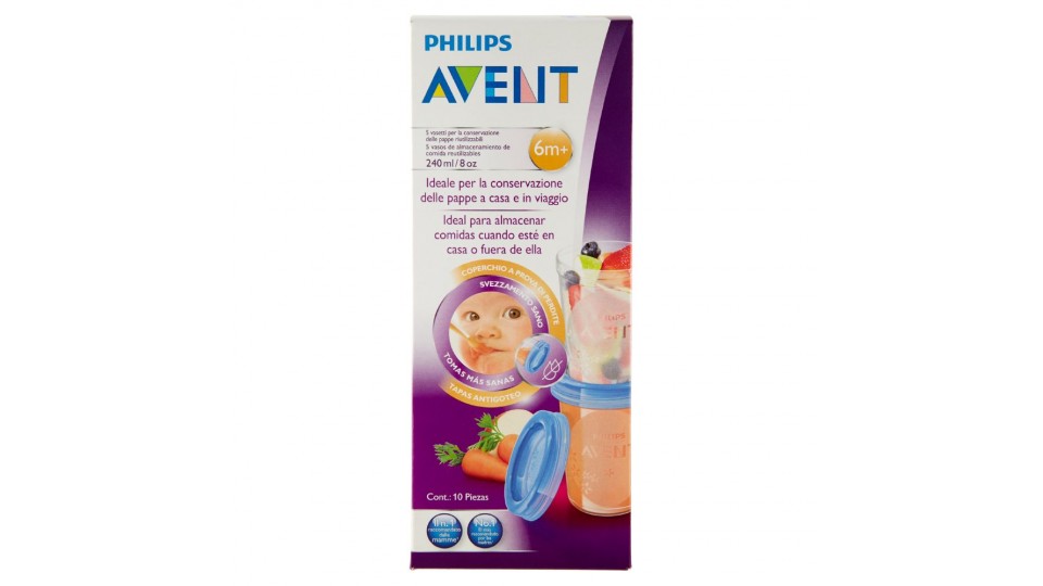 Philips, Avent vasetti per la conservazione delle pappe riutilizzabili 240 ml 6m+