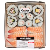 Esselunga Sushi Gambero con 6 hosomaki di gambero, 2 uramaki gambero e frittata, 2 uramaki gambero e cetriolo, 6 nighiri di gambero
