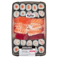 Esselunga Sushi confezione famiglia con 2 nighiri di tonno, 4 nighiri di gambero, 2 nighiri di salmone, 10 hosomaki di gambero, 10 hosomaki di salmone