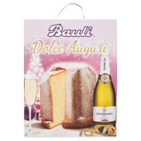 Bauli Dolciauguri, la confezione contiene 1 pandoro Baulirammi, 1 bottiglia GranDessert Oro Gancia 75 cl