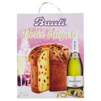 Bauli Dolciauguri, la confezione contiene 1 panettone Baulirammi, 1 bottiglia GranDessert Oro Gancia 75 cl