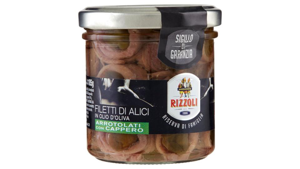Rizzoli, filetti di alici in olio d'oliva arrotolati con cappero