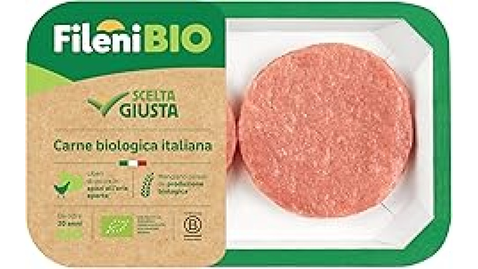 Fileni - Hamburger di Pollo Bio - 200 g - Pollo Biologico - Carne 100% Italiana - Gusto Autentico - Vassoio realizzato in cartoncino Riciclabile.