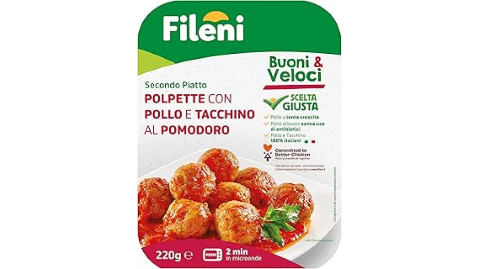 Fileni - Polpette con Pollo e Tacchino al Pomodoro 220 g - Buoni & Veloci - Carne 100% Italiana - Pollo Allevato Senza Uso di Antibiotici - Secondo Piatto Gustoso e Saporito