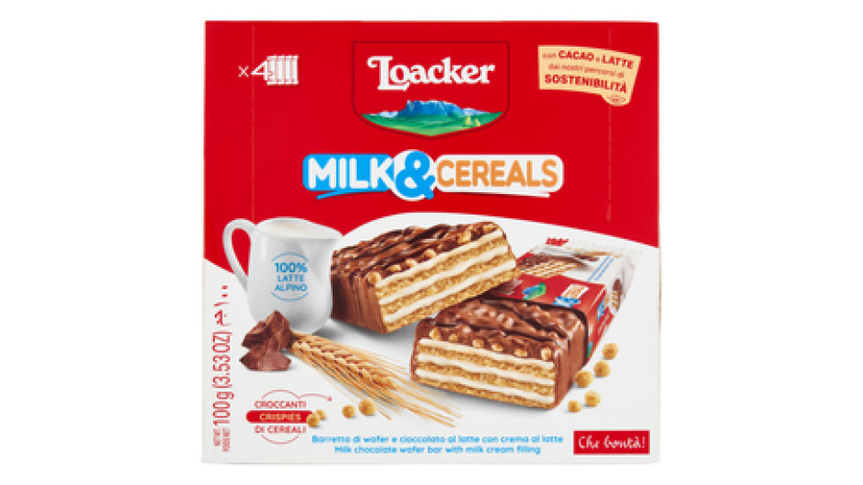 Loacker Milk & Cereals Barrette di Wafer e Cioccolato al Latte con crema al Latte 25gx4