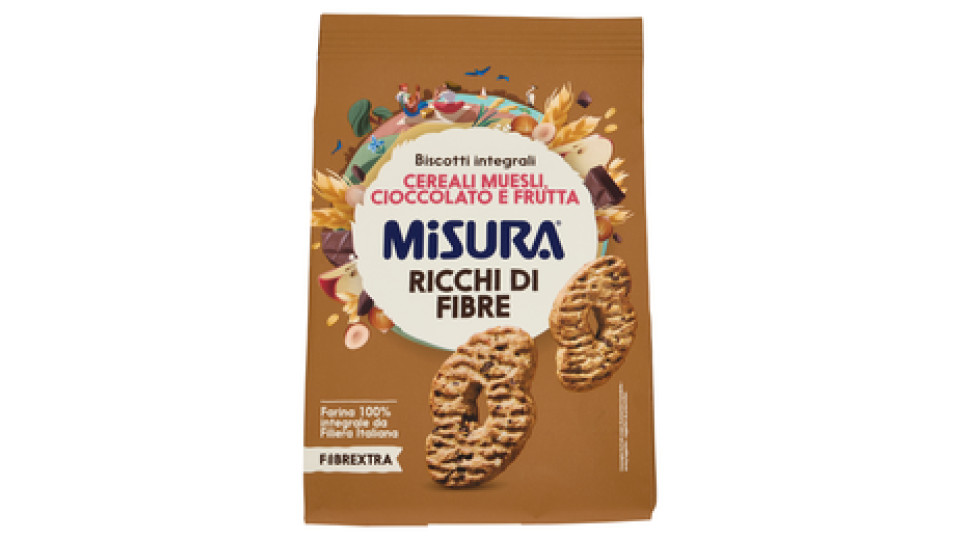 Misura Biscotti Integrali Fibrextra Muesli con Cereali, Gocce di Cioccolato e Frutta | 100% Farina Integrale | Ricchi in Fibre | Confezione da