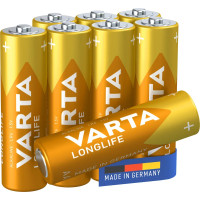 Varta Longlife, Batteria Alcalina, AA, Mignon LR6, 1.5V, Blister da 8, Made in Germany