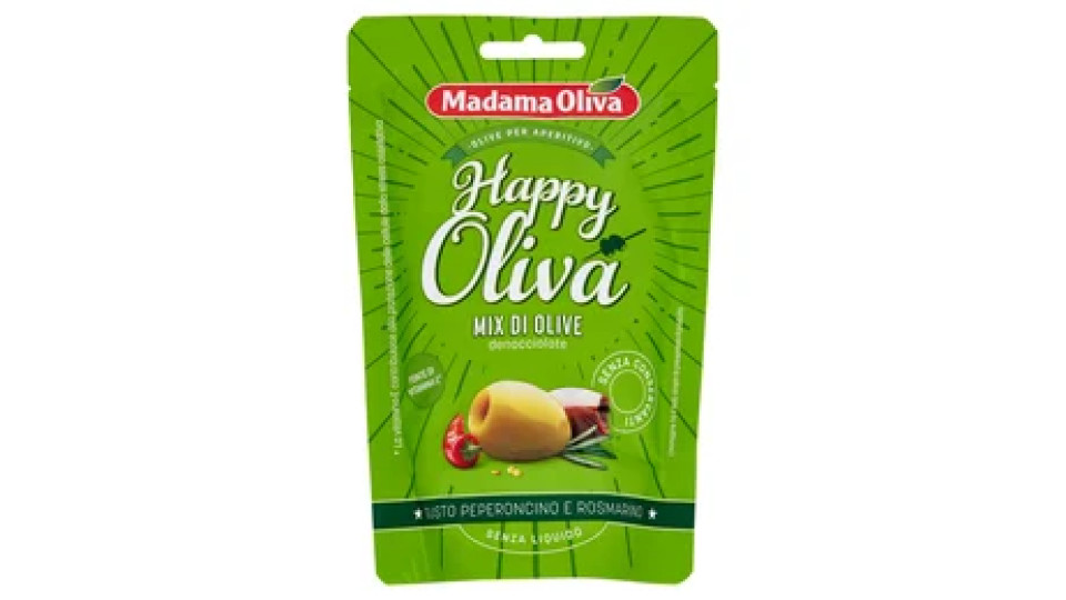 Madama Oliva Happy Oliva Mix di Olive denocciolate Gusto Peperoncino e Rosmarino 80 g