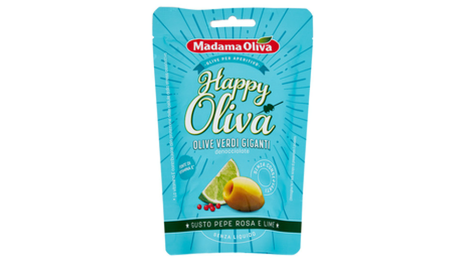 Madama Oliva Happy Oliva Olive Verdi Giganti denocciolate Gusto Pepe Rosa e Lime 80 g