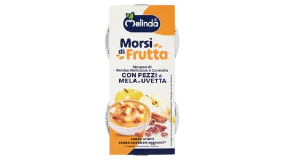 Melinda Morsi di Frutta Mousse di Golden Delicious e Cannella con Pezzi di Mela e Uvetta 2 x 100 g