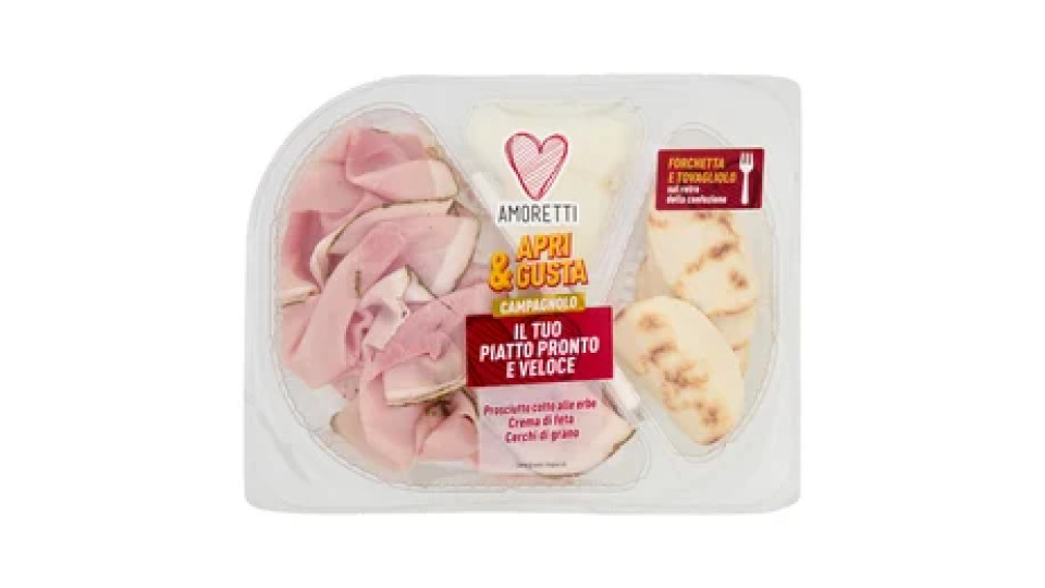 Amoretti Apri & Gusta Campagnolo Prosciutto cotto alle erbe, Crema di feta, Cerchi di grano 155 g