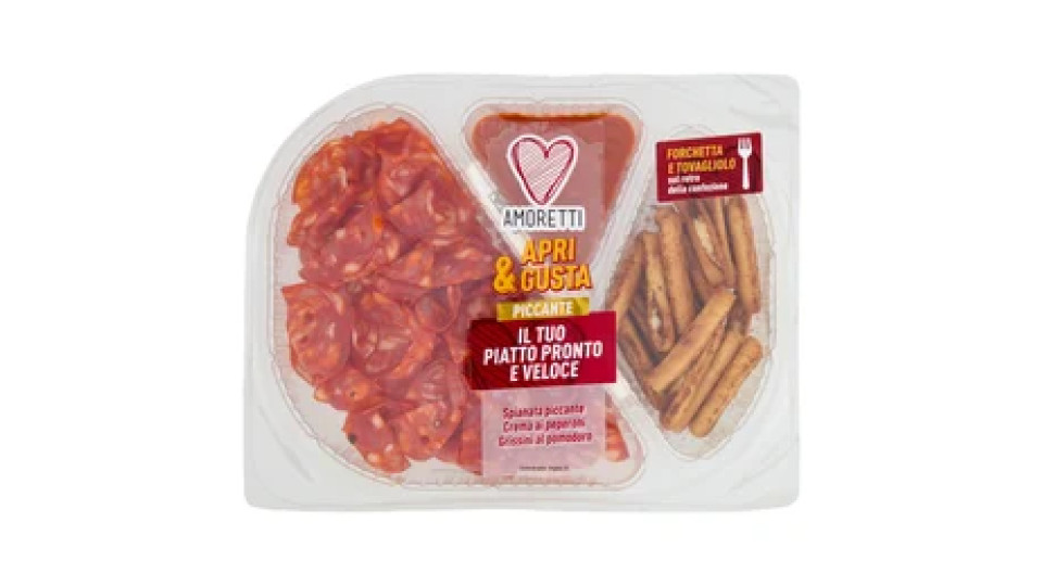 Amoretti Apri & Gusta Piccante Spianata piccante, Crema ai peperoni, Grissini al pomodoro 130 g