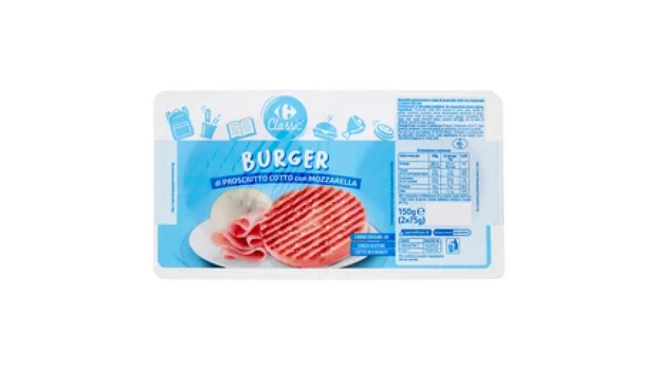 Carrefour Classic Burger di Prosciutto Cotto con Mozzarella 2 x 75 g