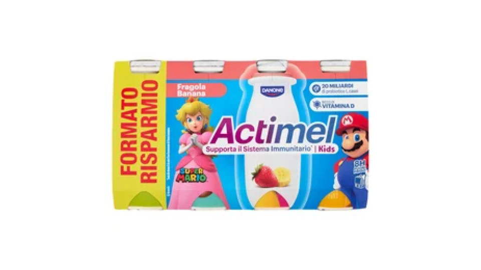 ACTIMEL SuperMario, Yogurt da Bere con Vit B6 e D per il Sistema Immunitario, fragola&banana, 8x100G
