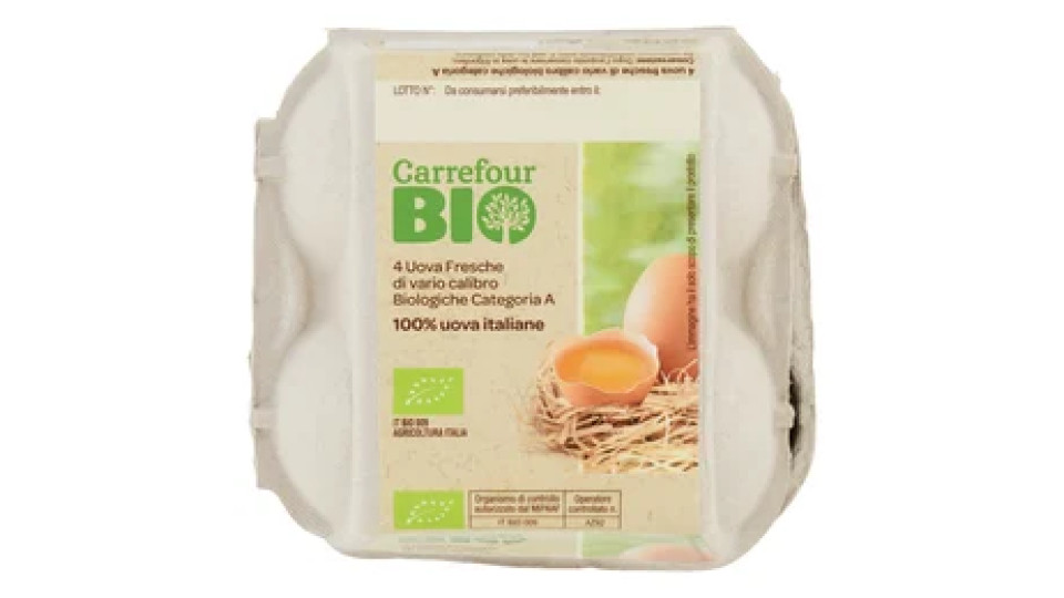 Carrefour Bio 4 Uova Fresche di vario calibro Biologiche Categoria A 220 g