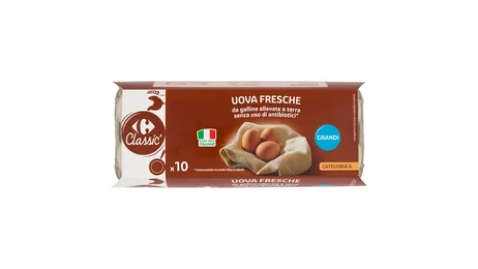 Carrefour Classic Uova Fresche da galline allevate a terra senza uso di antibiotici* Grandi x10