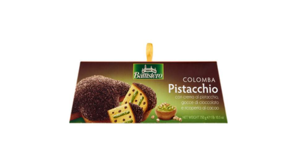 Battistero Colomba Pistacchio con crema al pistacchio, gocce di cioccolato e ricoperta al cacao 750g
