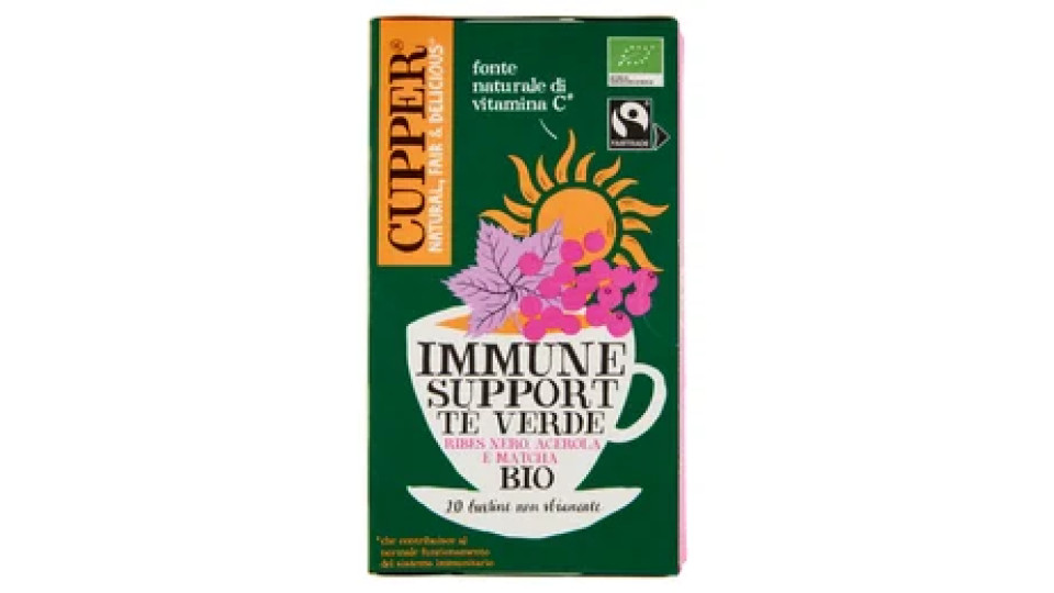 CUPPER Tè Verde Immune Support Biologico Fairtrade con Ribes Nero, Acerola e Matcha, 20 bustine 40 g