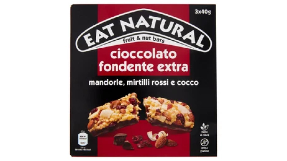 Eat Natural cioccolato fondente extra mandorle, mirtilli rossi e cocco 3 x 40 g