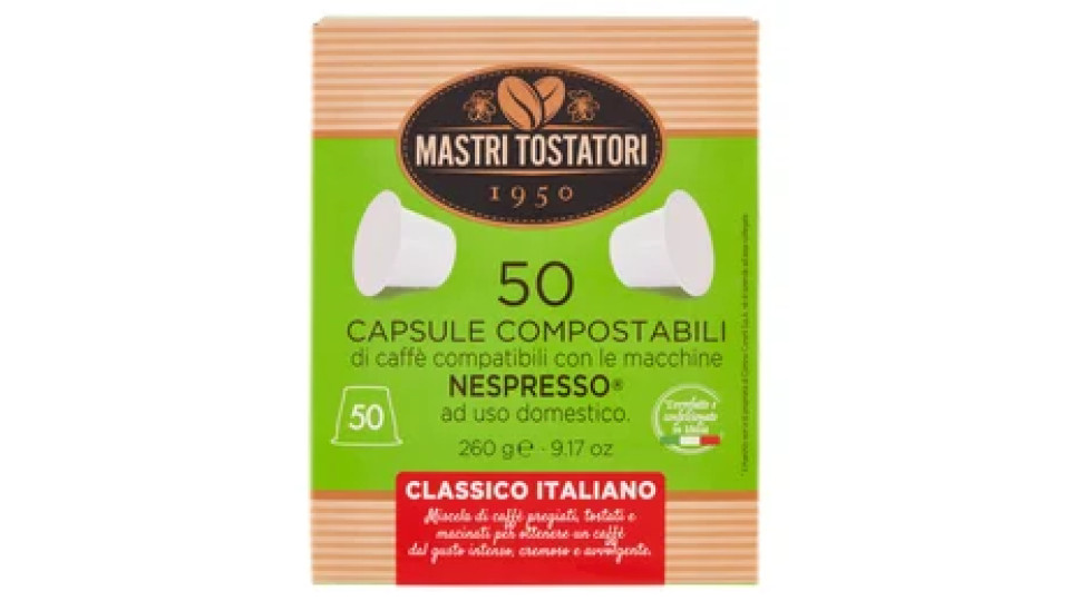 Mastri Tostatori 50 Capsule Compostabili Compatibili Nespresso Classico Italiano 260 g