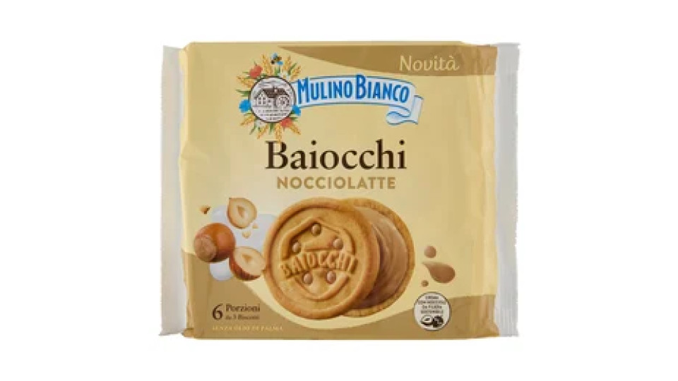 Mulino Bianco Baiocchi Snack Biscotti Farciti con Crema Nocciole e Latte Nocciole 100% Italiane 168g