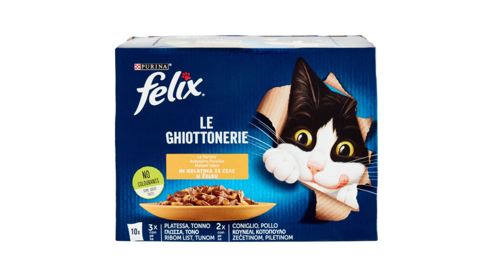 Purina, gatto Felix Le Ghiottonerie le varietà in gelatina platessa tonno coniglio pollo