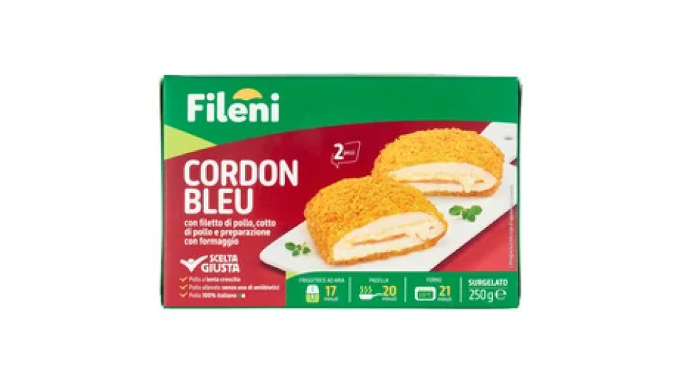 Fileni Cordon Bleu con filetto di pollo, cotto di pollo e preparazione con formaggio Surgelato 250 g