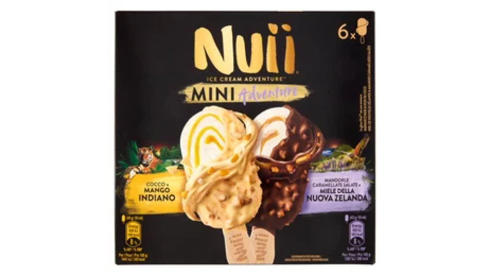 NUII Mini Adventure Cocco-Mango Indiano,Mandorle Caramell. Salate-Miele Nuova Zelanda 6 Gelati 264g