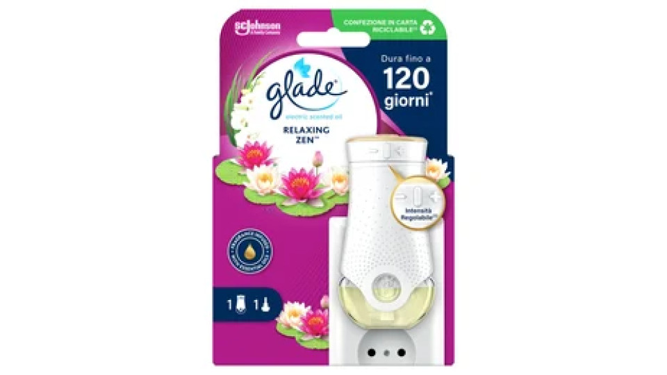 Glade liquido elettrico Profumatore per Ambienti con Olii Essenziali, Fragranza Relaxing Zen, 1 Diffusore e 1 Ricarica