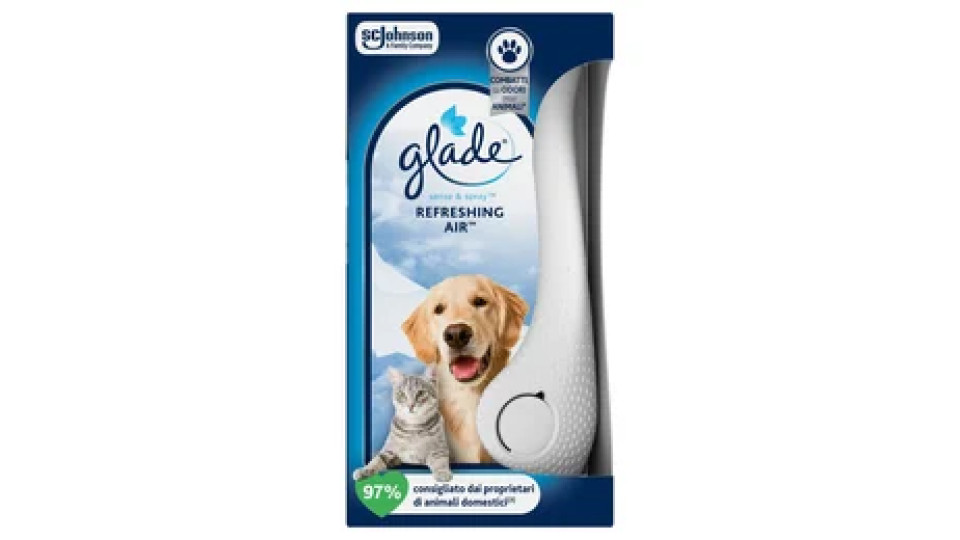 Glade Sense and Spray Base Profumatore per Ambienti con Olii Essenziali e Sensore di Movimento, Fragranza Refreshing Air™, Elimina gli odori degli animali domestici, 18 ml