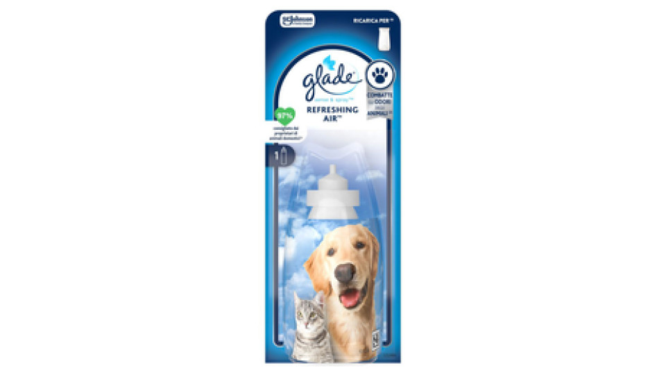 Glade Sense and Spray Ricarica Profumatore per Ambienti con Olii Essenziali e Sensore di Movimento, Fragranza Refreshing Air™, Elimina gli odori degli animali domestici, 18 ml