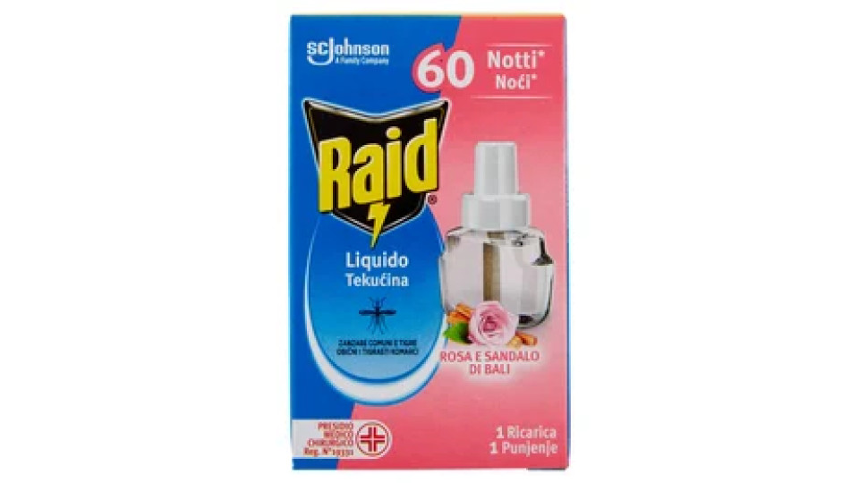 Raid Liquido Elettrico Ricarica, 60 Notti, Rosa e sandalo di bali, 36ml