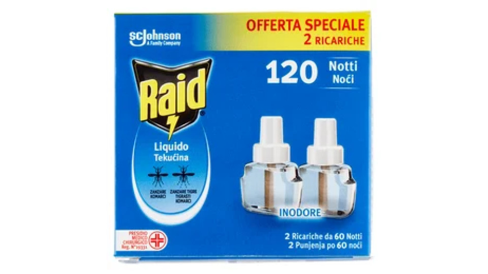 Raid Liquido Elettrico Ricarica 60 Notti, Inodore, 2 x 36 ml