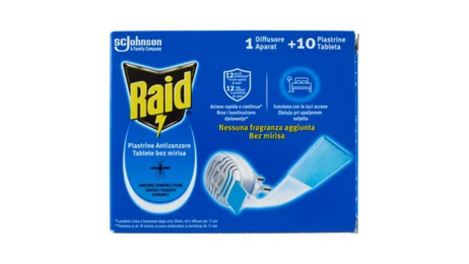 Raid Piastrine Antizanzare Comuni e Tigre, Azione prolungata, 1 Diffusore + 10 Piastrine Ricarica