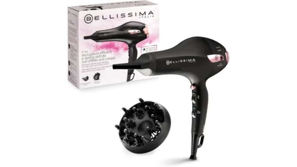 Bellissima P7 3200 Asciugacapelli, Motore Professionale, 2100 Watt, Ionizzatore, 2 Velocità, 3 Temperature, Diffusore per Ricci, Colpo Aria Fredda, Leggero, Custodia da Viaggio, Fermacavo