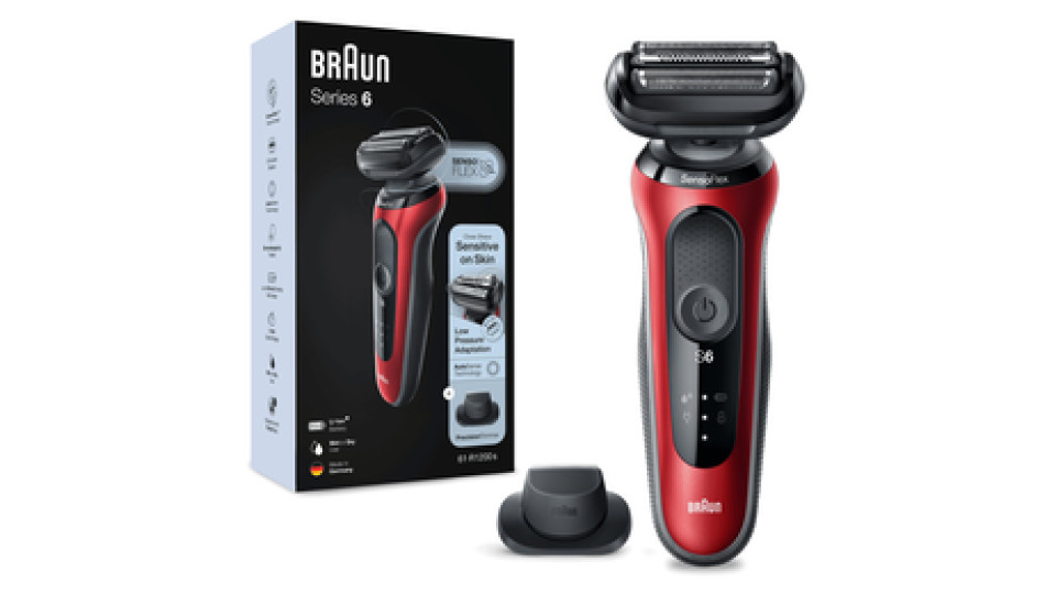 Braun Series 6 61-R1200s Rasoio Elettrico Uomo Con Accessorio Rifinitore Di Precisione EasyClick, SensoFlex, Wet&Dry, Ricaricabile, Rasoio A Lamina Senza Fili, Rosso