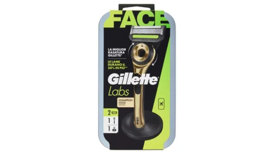 Gillette Labs Rasoio da Uomo Champion Gold Edition Custodia da Viaggio 1 Manico + 2 Lamette + 1 Base