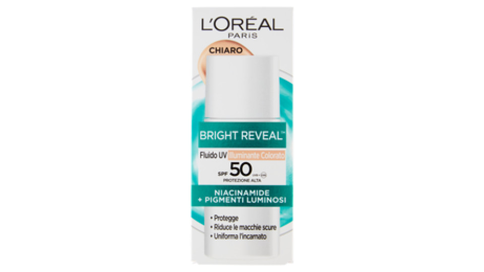 L'Oréal Paris Bright Reveal Fluido UV Illuminante Colorato SPF50 Chiaro, 50 ml