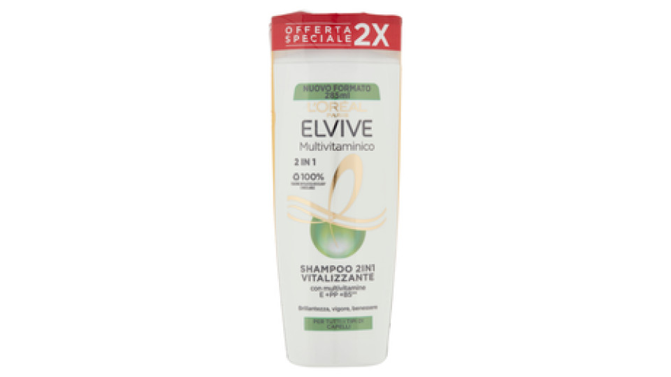 L'Oréal Paris Shampoo 2in1 Elvive Multivitaminico, Azione Vitalizzante, Confezione da 2