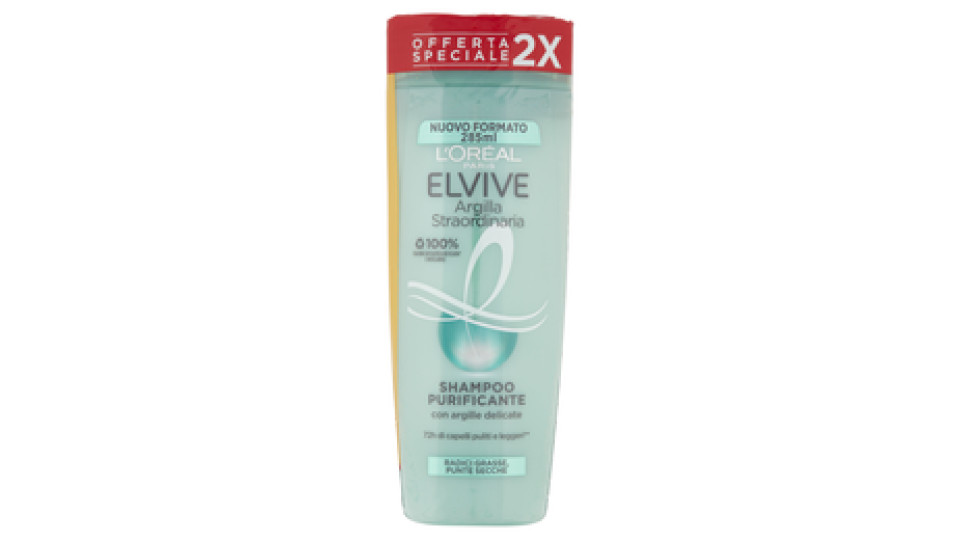 L'Oréal Paris Shampoo Elvive Argilla Straordinaria, Azione Purificante Districante, Confezione da 2