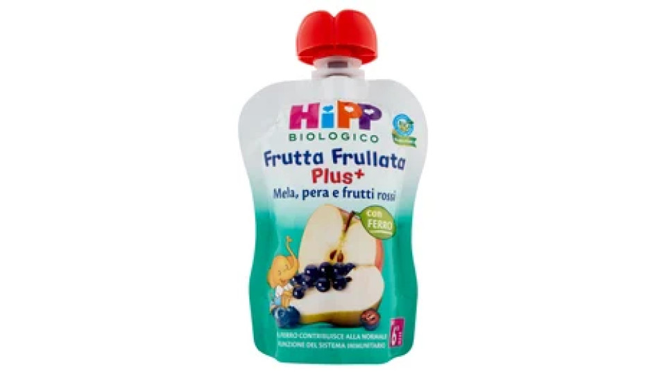 HiPP Biologico Frutta Frullata Plus⁺ Mela, pera e frutti rossi con ferro 90 g