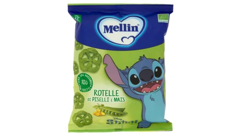 MELLIN Rotelle di Piselli&Mais Disney Stitch, Snack Biologico, Senza Glutine, adatto dai 12 mesi 20g
