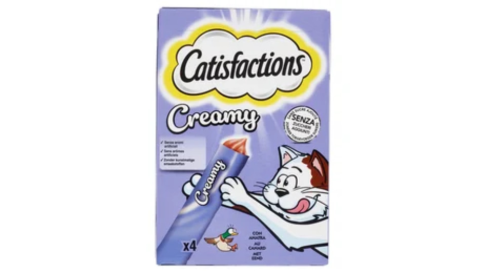 Catisfactions, Snack Cremoso Liquido per Gatto, con succulenta Anatra, 4 Confezioni da 10 g