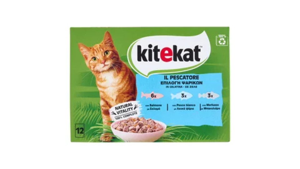 Kitekat Pescatore Cibo Umido Gatto in Gelatina con Salmone, con Pesce bianco, con Merluzzo 12 x 85 g
