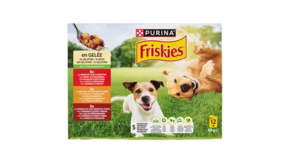 PURINA FRISKIES In Gelatina Con Manzo e Carote, Pollo e Piselli, Agnello e Fagiolini 12 x 85 g